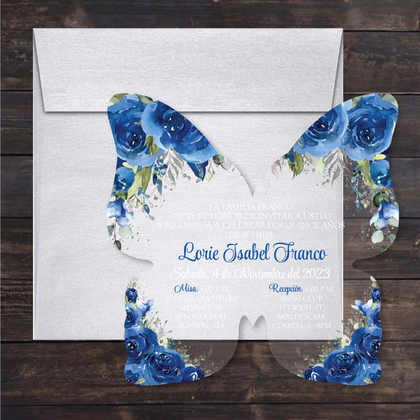 Royal Blue and Silver Floral Butterfly Shaped Acrylic Invitation
