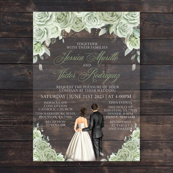 Sage Green Floral Roses Acrylic Wedding Invitation