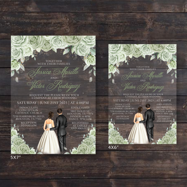 Sage Green Floral Roses Acrylic Wedding Invitation