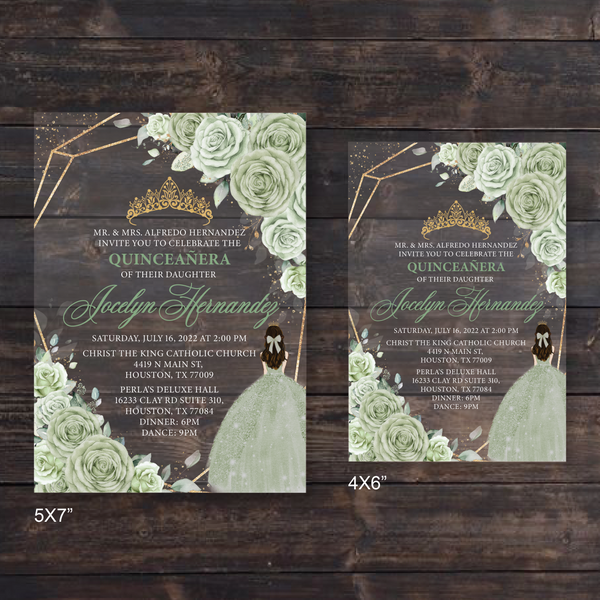Sage Green Floral and Gold Geometric Quinceanera Acrylic Invitation