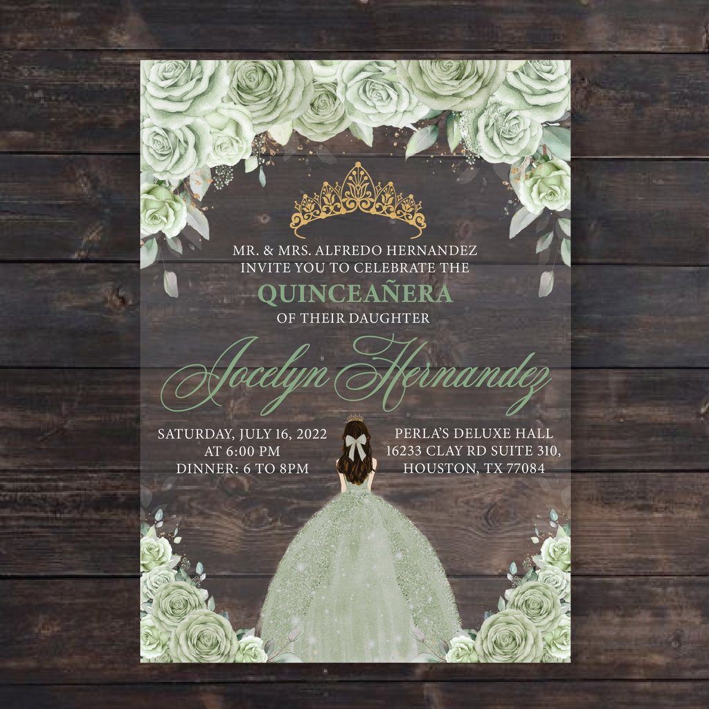 Sage Green Floral and Gold Quinceanera Dress Acrylic Invitations Invitations by Luis Sanchez Sage Green Floral and Gold Quinceanera Dress Acrylic Invitations Invitations by Luis Sanchez