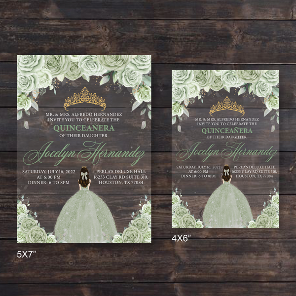 Sage Green Floral and Gold Quinceanera Dress Acrylic Invitations