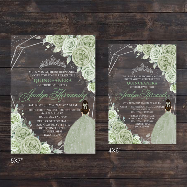 Sage Green Floral and Silver Geometric Quinceanera Acrylic Invitation