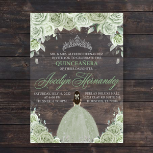 Sage Green Floral and Silver Quinceanera Dress Acrylic Invitations