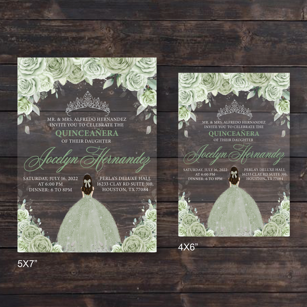 Sage Green Floral and Silver Quinceanera Dress Acrylic Invitations