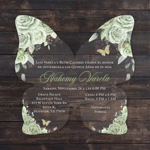 Sage Green Roses Butterfly Shaped Acrylic Invitation