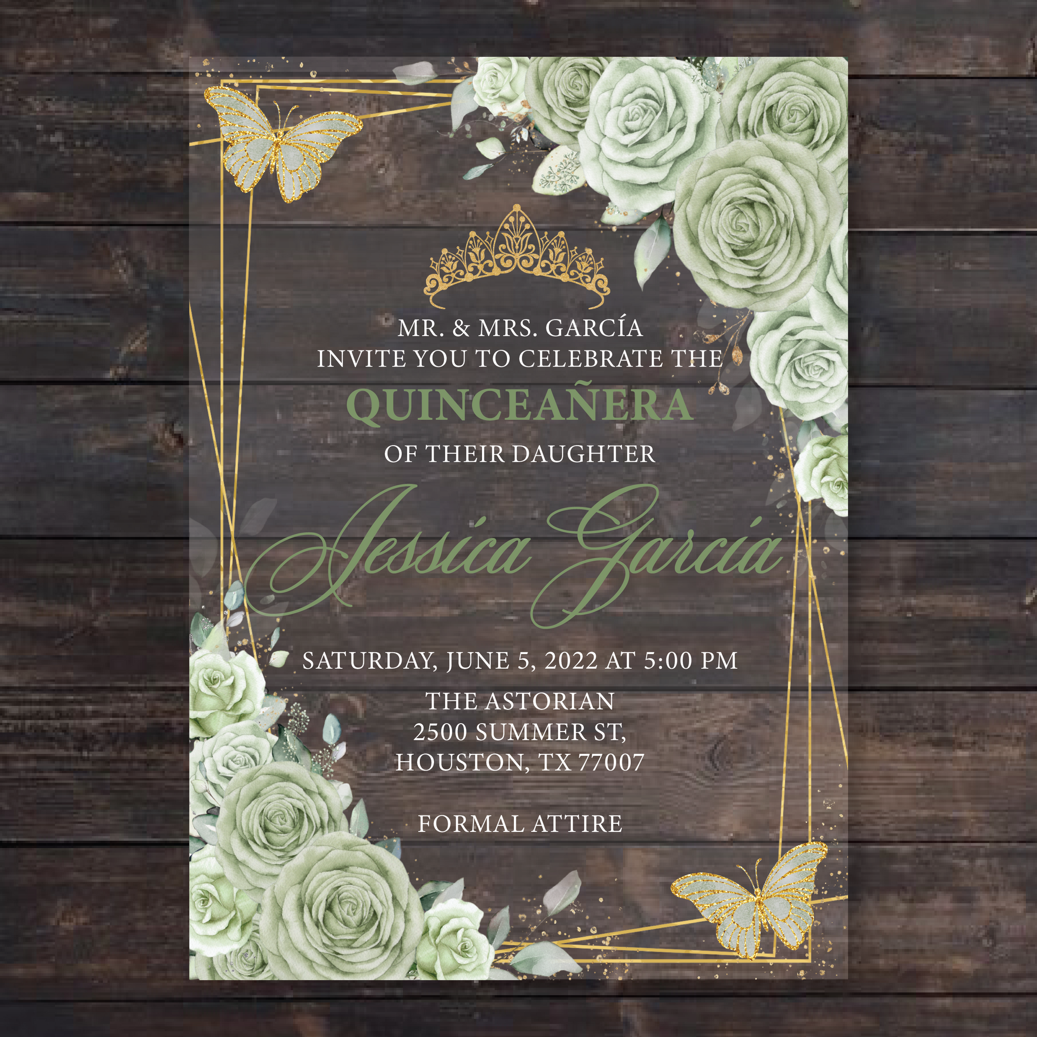 Sage Green and Gold Frame with Butterflies Acrylic Invitations