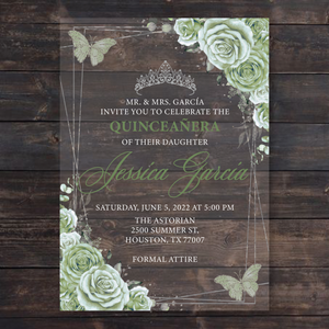 Sage Green and Silver Frame with Butterflies Acrylic Invitations