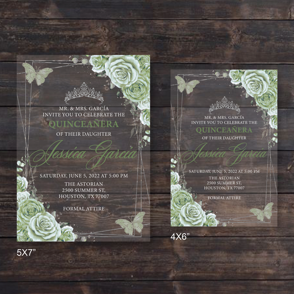 Sage Green and Silver Frame with Butterflies Acrylic Invitations