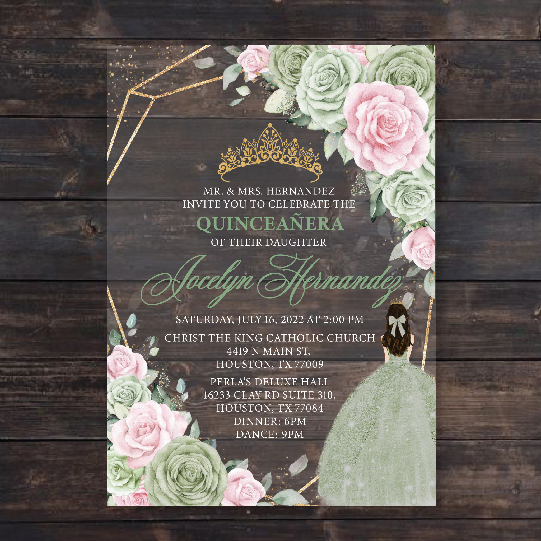 Sage Green with Pink Floral and Gold Geometric Quinceanera Acrylic Inv Invitations by Luis Sanchez Sage Green with Pink Floral and Gold Geometric Quinceanera Acrylic Inv Invitations by Luis Sanchez