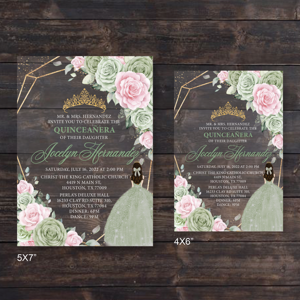 Sage Green with Pink Floral and Gold Geometric Quinceanera Acrylic Invitations