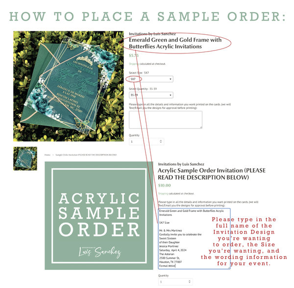 Acrylic Sample Order Invitation (PLEASE READ THE DESCRIPTION BELOW)
