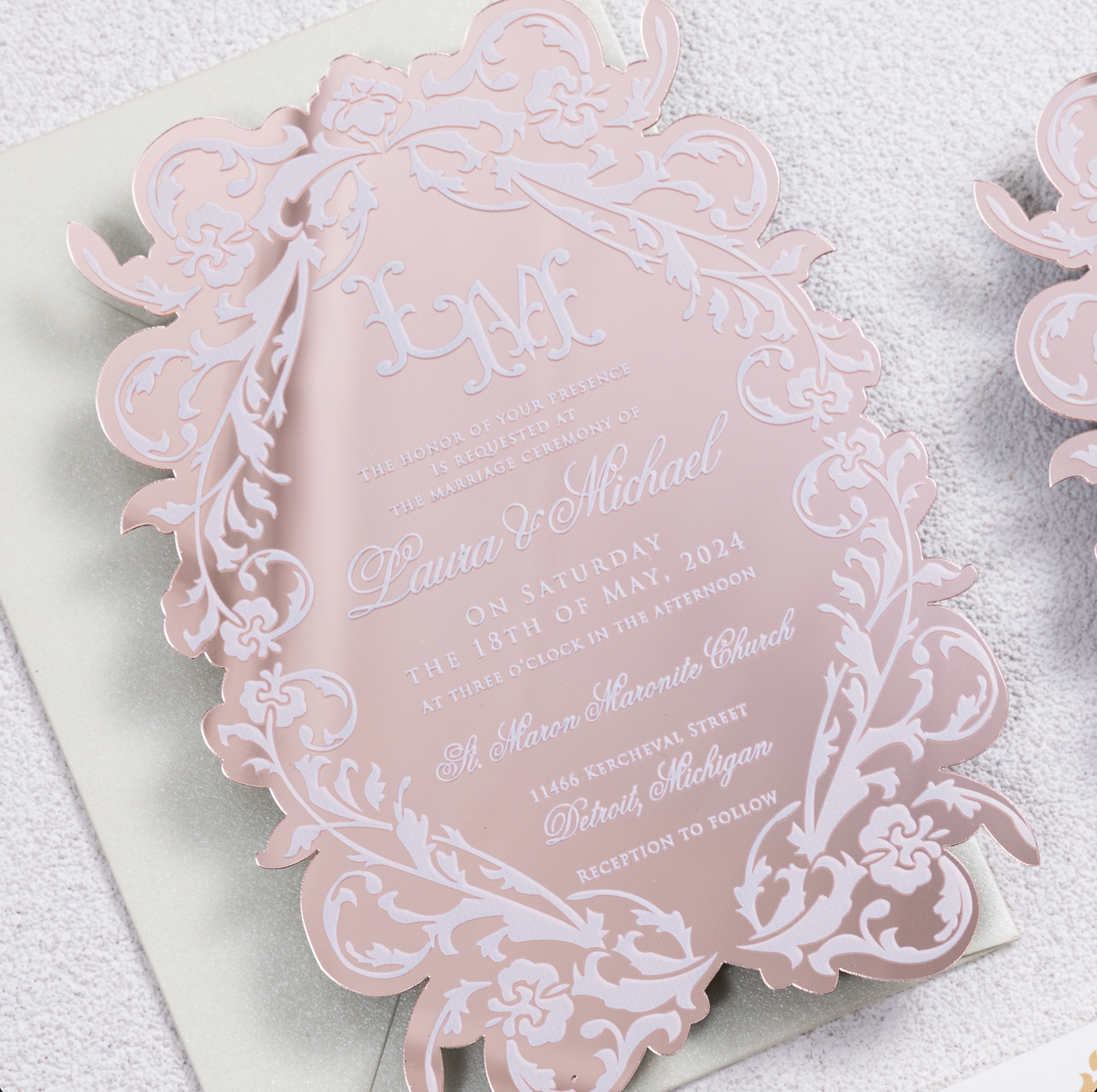 Elegant Floral Shape Rose Gold Mirror Acrylic Invitation With Chic White Pattern