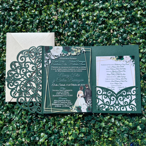 Emerald Green and Ivory Acrylic Tri Fold Laser Cut Luxury Wedding Invitation
