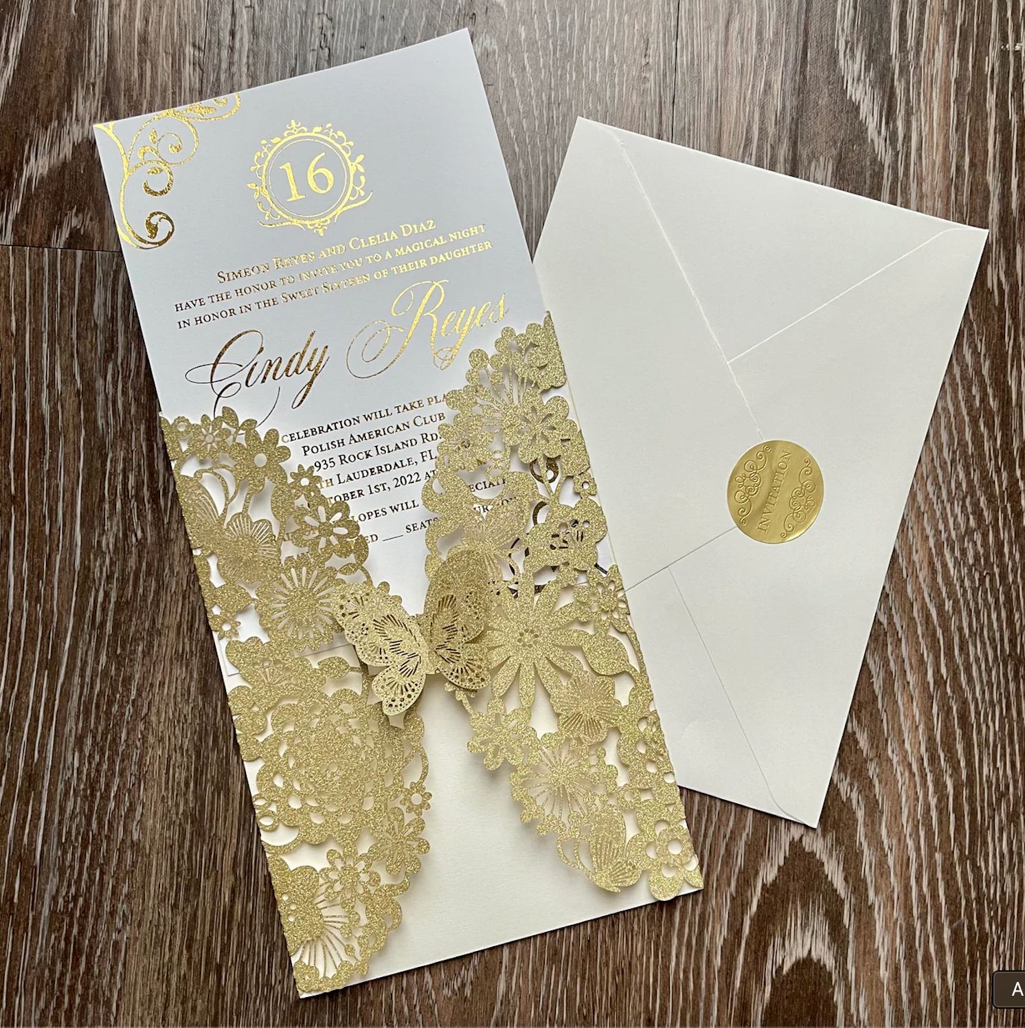 35 Invitations - Gold Glitter Butterfly Laser Cut Invitations with Gold Foiled Insert Card