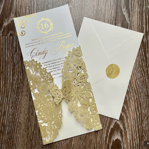 35 Invitations - Gold Glitter Butterfly Laser Cut Invitations with Gold Foiled Insert Card