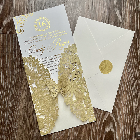 35 Invitations - Gold Glitter Butterfly Laser Cut Invitations with Gold Foiled Insert Card