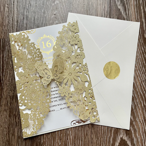 35 Invitations - Gold Glitter Butterfly Laser Cut Invitations with Gold Foiled Insert Card