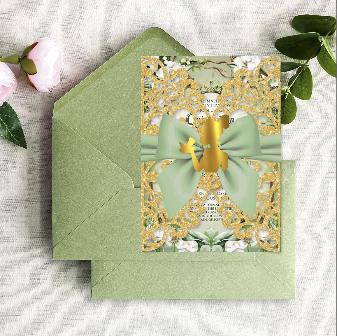 Princess Tiana and the Frog Gold Glitter and Sage Green Laser Cut Invitation