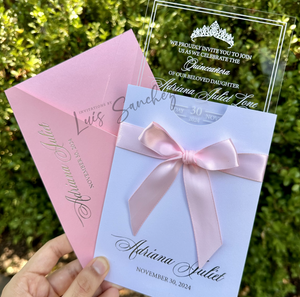 White Shimmer Pocket Acrylic Invitations with Ribbon Bow, Foiled Pocket, and Foiled Envelope
