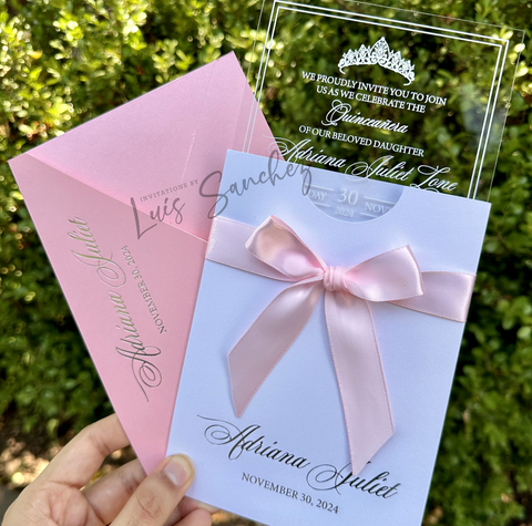 White Shimmer Pocket Acrylic Invitations with Ribbon Bow, Foiled Pocket, and Foiled Envelope