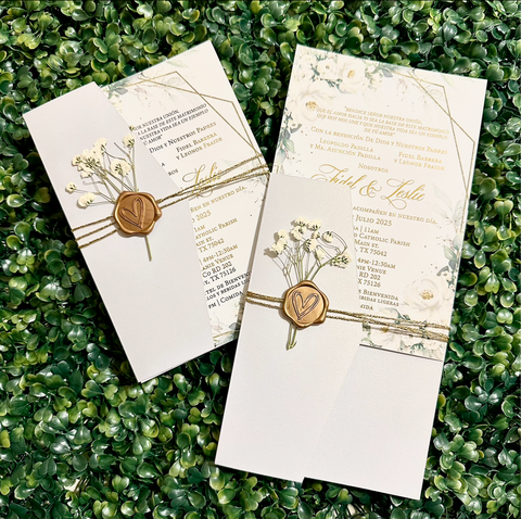 White Shimmer Pocket Wedding Invitation with Gold Wax Seal, Dried White Florals and Gold Twine