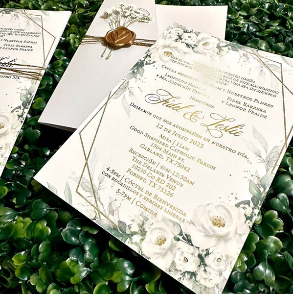 White Shimmer Pocket Wedding Invitation with Gold Wax Seal, Dried White Florals and Gold Twine