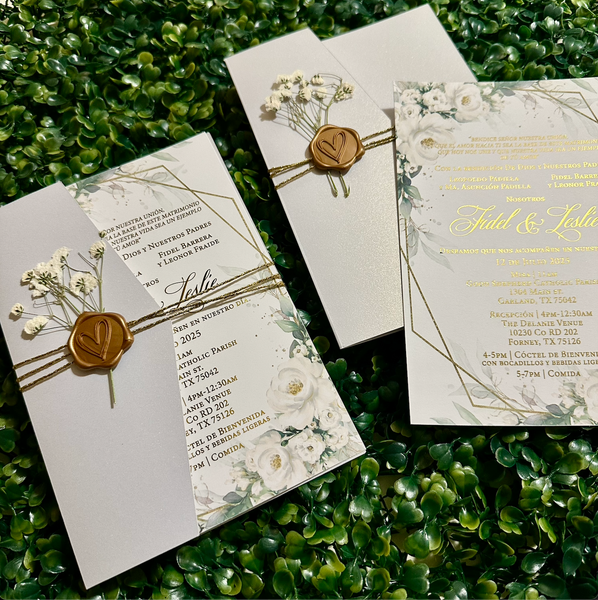 White Shimmer Pocket Wedding Invitation with Gold Wax Seal, Dried White Florals and Gold Twine