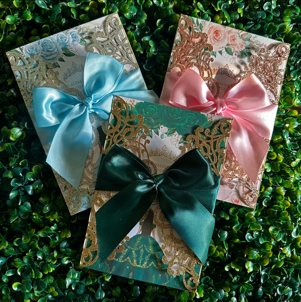 Quinceanera's on a Budget FB Group EXCLUSIVE! | Elegant Glitter Laser Cut Invitations with Ribbon Bow
