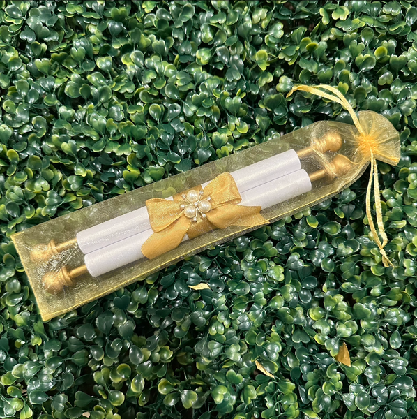 Gold Foiled Scroll Invitations with Ribbon Bow Embellishment and Organza Bag