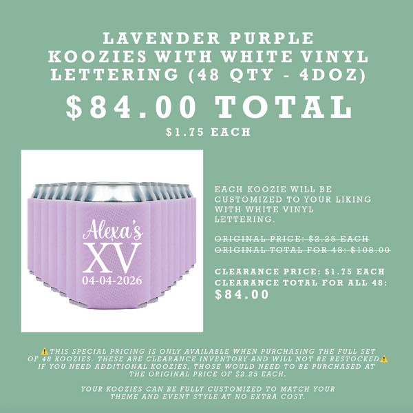 (48 Qty) | Lavender Purple Koozies with White Vinyl Lettering CLEARANCE Bundle