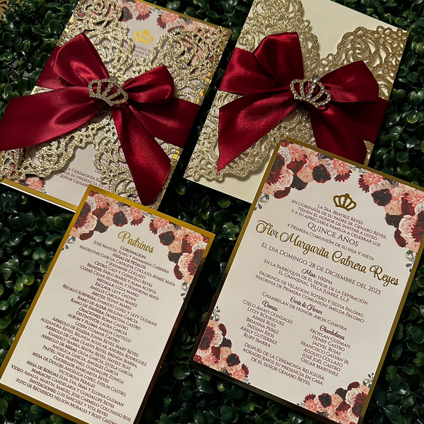 Burgundy and Gold Luxury Laser Cut Crown Embellishment Invitation