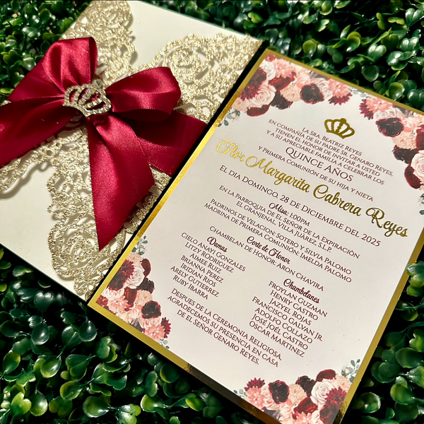 Burgundy and Gold Luxury Laser Cut Crown Embellishment Invitation