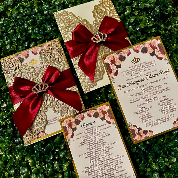 Burgundy and Gold Luxury Laser Cut Crown Embellishment Invitation