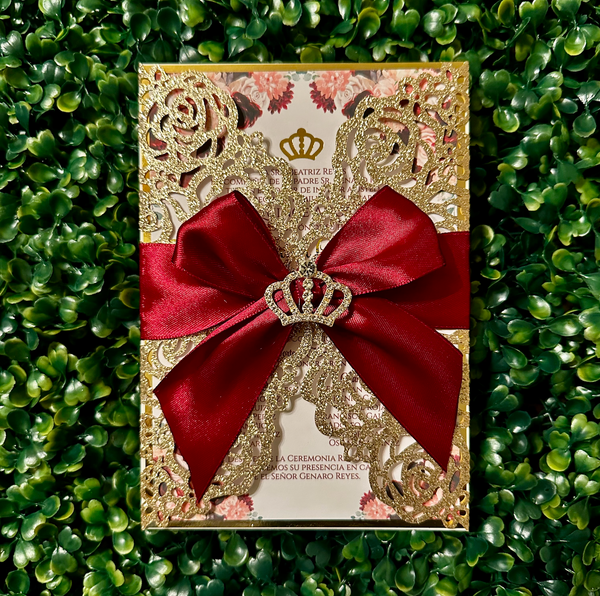 Burgundy and Gold Luxury Laser Cut Crown Embellishment Invitation