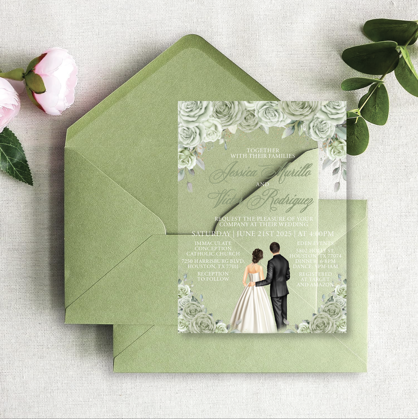 Sage Green Floral Roses Acrylic Wedding Invitation