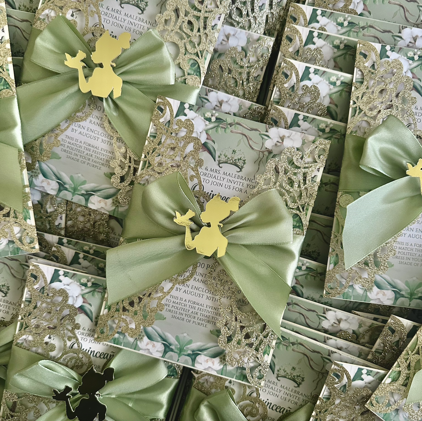 Princess Tiana and the Frog Gold Glitter and Sage Green Laser Cut Invitation