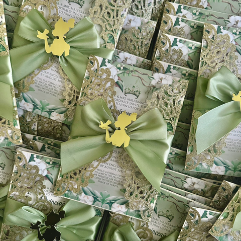Princess Tiana and the Frog Gold Glitter and Sage Green Laser Cut Invitation