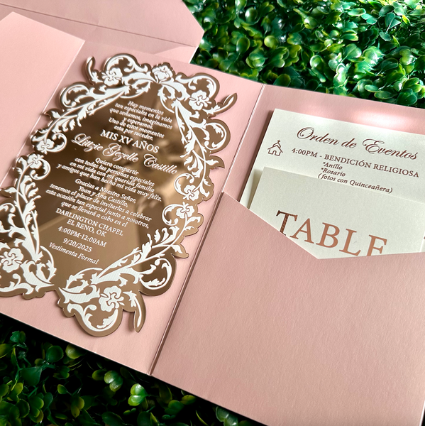 Luxury Pocket Rose Gold Mirror Acrylic Invitations with Foiled Inserts