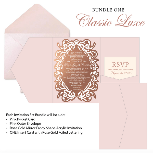 Luxury Pocket Rose Gold Mirror Acrylic Invitations with Foiled Inserts