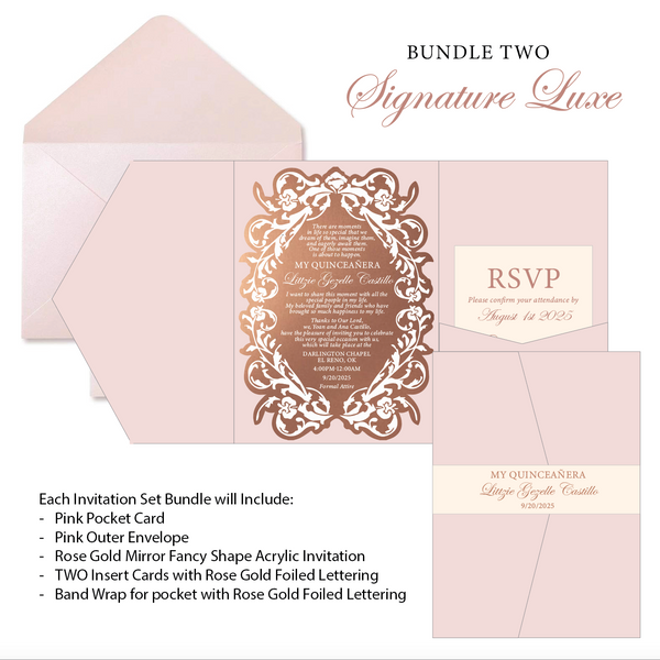 Luxury Pocket Rose Gold Mirror Acrylic Invitations with Foiled Inserts