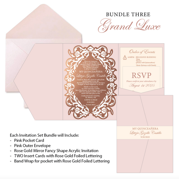 Luxury Pocket Rose Gold Mirror Acrylic Invitations with Foiled Inserts