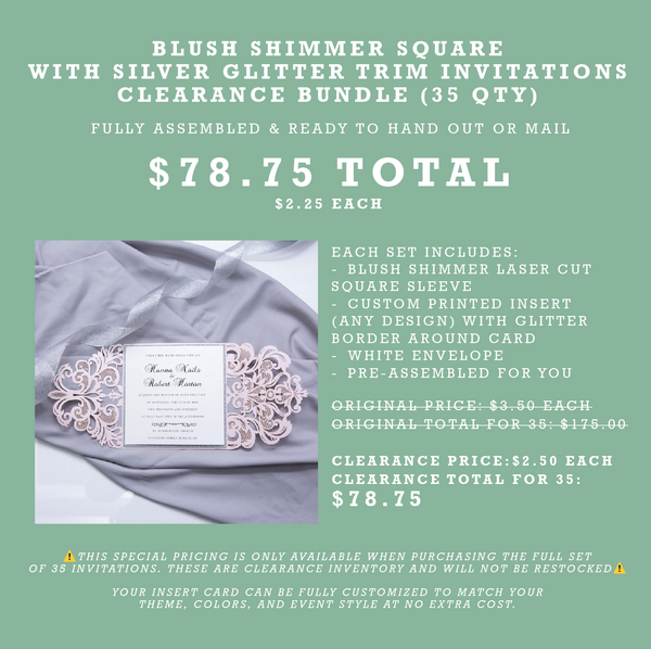 (35 Qty) | Blush Shimmer Square with Silver Glitter Trim Invitations Clearance Bundle