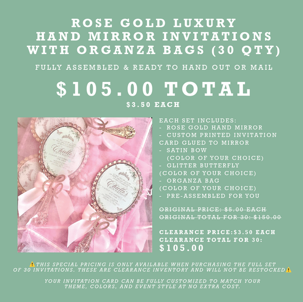 (30 QTY) | Rose Gold Luxury Hand Mirror Invitations with Organza Bags