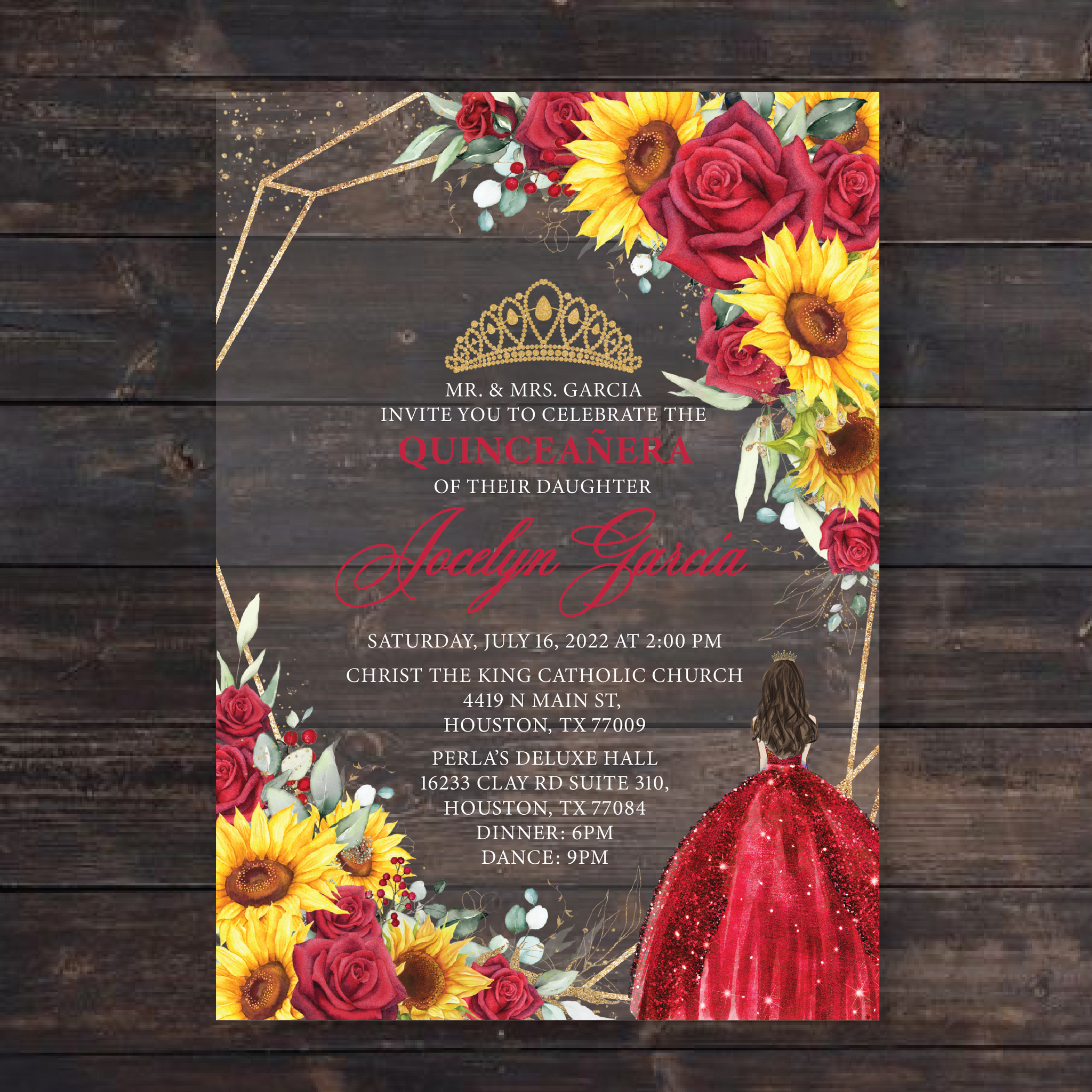 Sunflower and Red Roses Gold Geometric Quinceanera Acrylic Invitation