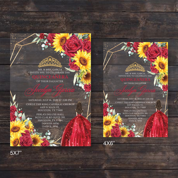 Sunflower and Red Roses Gold Geometric Quinceanera Acrylic Invitation