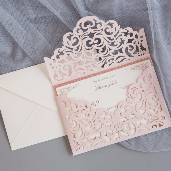 Blush Pink Laser Cut Envelope Invitation Suite