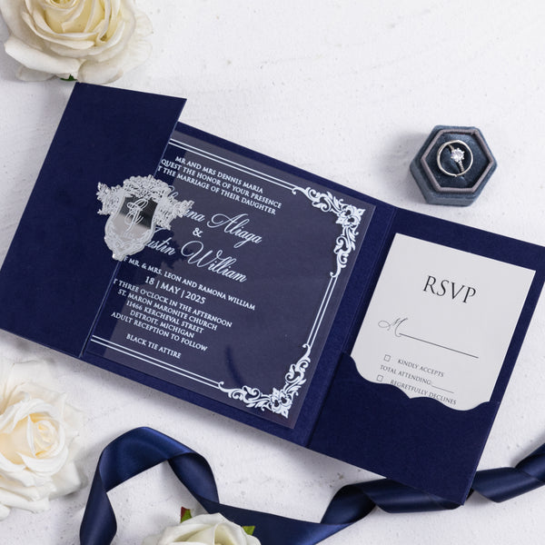 Luxury Velvet Pocket Acrylic Invitations with Mirror Emblem
