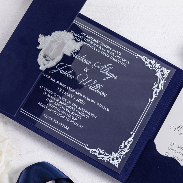 Luxury Velvet Pocket Acrylic Invitations with Mirror Emblem