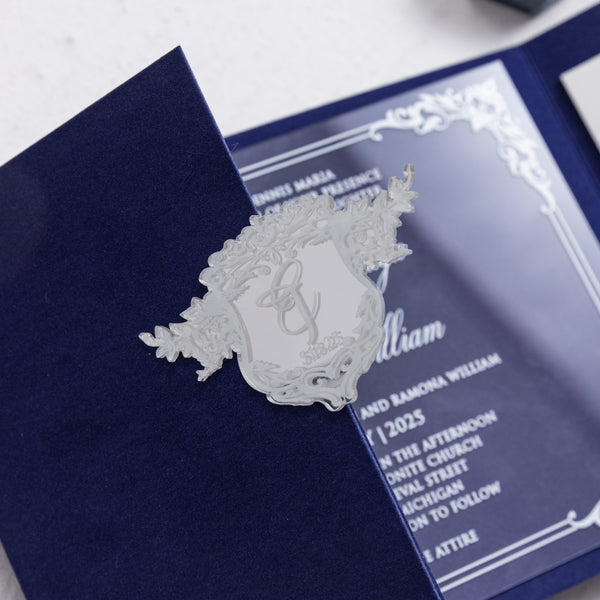 Luxury Velvet Pocket Acrylic Invitations with Mirror Emblem